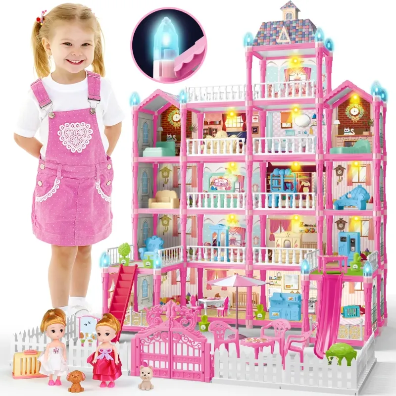 Photo 1 of  Doll House for Girls, 5-Story 19 Rooms Huge Dollhouse Playset with LED Lights, 2 Dolls, Furnitures, Accessories, DIY Pretend Play House Toys Gifts for Kids, Pink