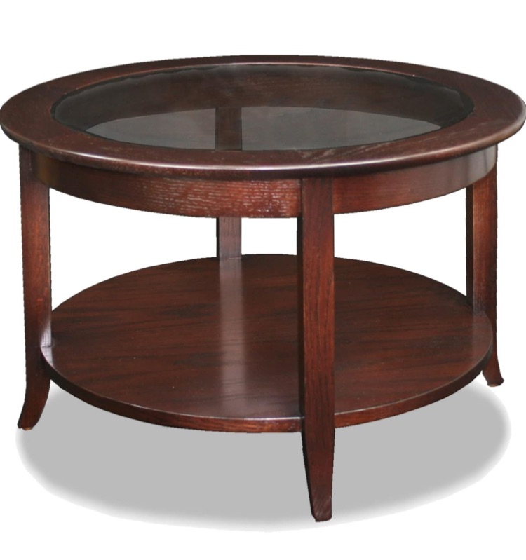 Photo 1 of ***missing glass top*** Sheldon Round Glass Top Solid Wood Coffee Table with Shelf, Chocolate Oak Brown – Leick Home, 10037 ***Minor scratches and chips***