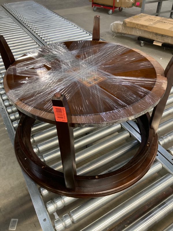 Photo 2 of ***missing glass top*** Sheldon Round Glass Top Solid Wood Coffee Table with Shelf, Chocolate Oak Brown – Leick Home, 10037 ***Minor scratches and chips***