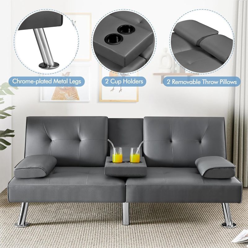 Photo 1 of ** stock photo only for reference** Convertible Futon Sofa Bed with Metal Legs & 2 Cupholders, Modern PU Leather Upholstered Couch Loveseat Sleeper, Folding Couches Bed, Removable Armrests for Small Spaces, Living Room (Gray)
