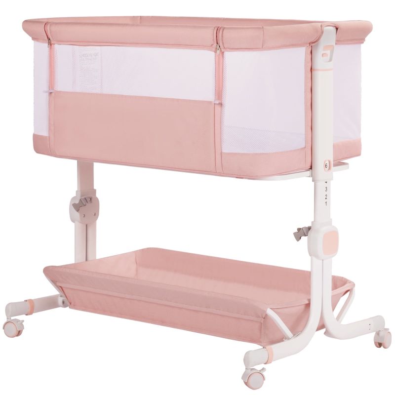 Photo 1 of AILEEKISS Baby Bassinet Bedside Sleeper with Wheels, Newborn Baby Cribs w/Storage Basket, Pink