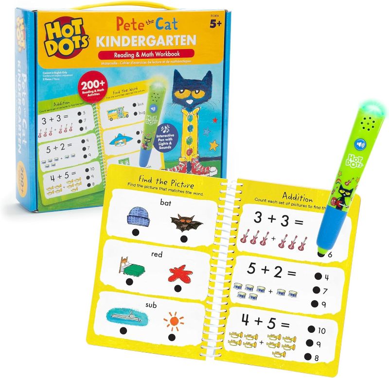 Photo 1 of Educational Insights Hot Dots Pete The Cat Kindergarten Reading & Math Workbook, Includes 200 Activites, Reading Games for Kids Ages 5+