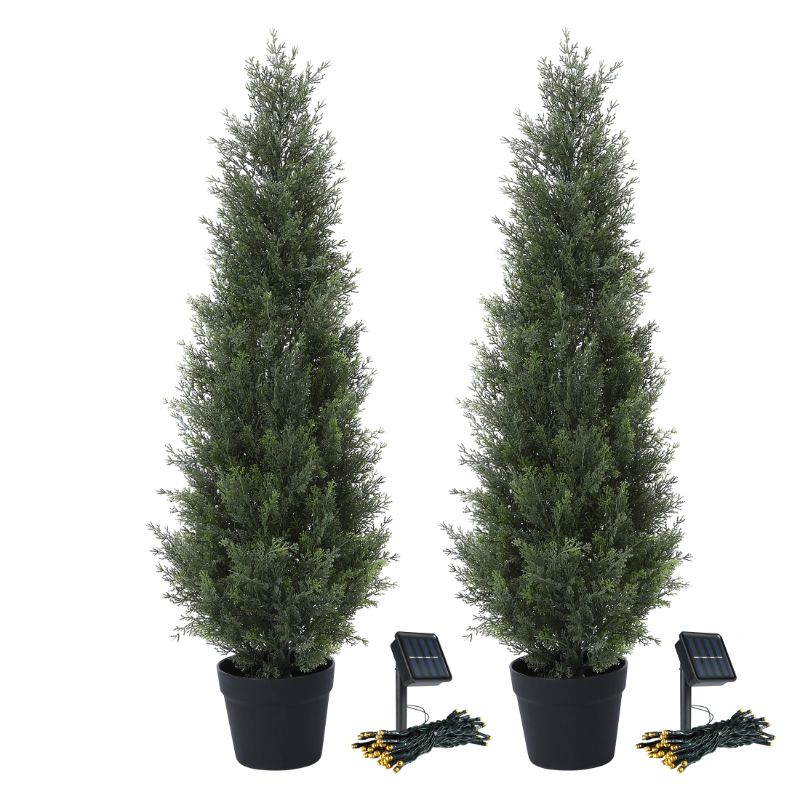 Photo 1 of 2 Pack 3ft Artificial Cedar Topiary Trees for Outdoors, Fake Cypress Plants with Solar Light String, Faux uv resistant Plants for Home Front Porch Decor, Housewarming Gift