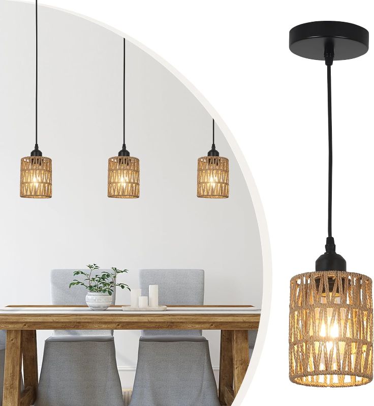 Photo 2 of 3 Pack Rattan Lights Kitchen Island, Farmhouse Pendant Lighting with Hand Woven Wicker Shade, Boho Chandelier Light Fixtures Ceiling Hanging for Dining Room Bedroom Foyer Hallway- Remote Controlled