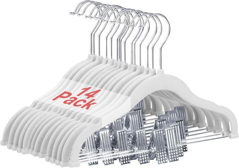 Photo 2 of Baby Clothes Hangers with Clips, 14 Packs Kids Velvet Clothes Hangers, Heavy-Duty Childrens Hangers, Storage Organizer Clothing Hangers for Shirts, Pants, Skirts, Dresses, Jackets, Coat White