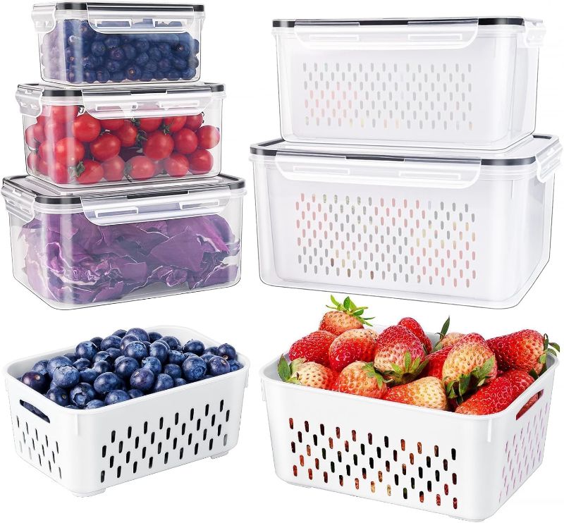 Photo 1 of 5 PCS Large Fruit Containers for Fridge - Leakproof Food Storage Containers with Removable Colander - Dishwasher & microwave safe Produce Containers Keep Fruits, Vegetables, Berry, Meat Fresh longer