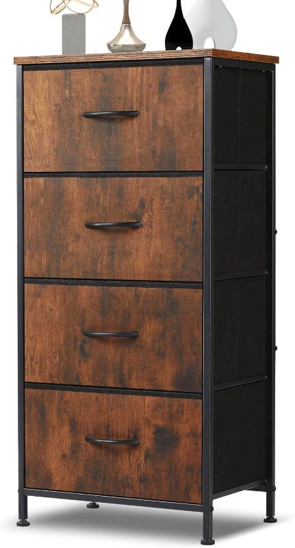 Photo 2 of 4 Drawer Dresser, Tall Chest Of Drawers Nightstand Storage Tower Storage Dresser Fabric Dresser With Wood Top for Living Room, Bedroom, Hallway, Nursery, Rust