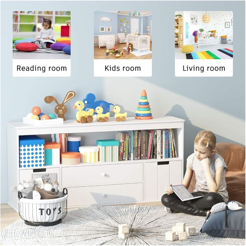 Photo 1 of 51.9" Toy Storage Organizer with 2 Drawers Wooden Toy Organizer Bins Bookshelf Compatible with Reading Storing Playing White Console Solid Wood Table,