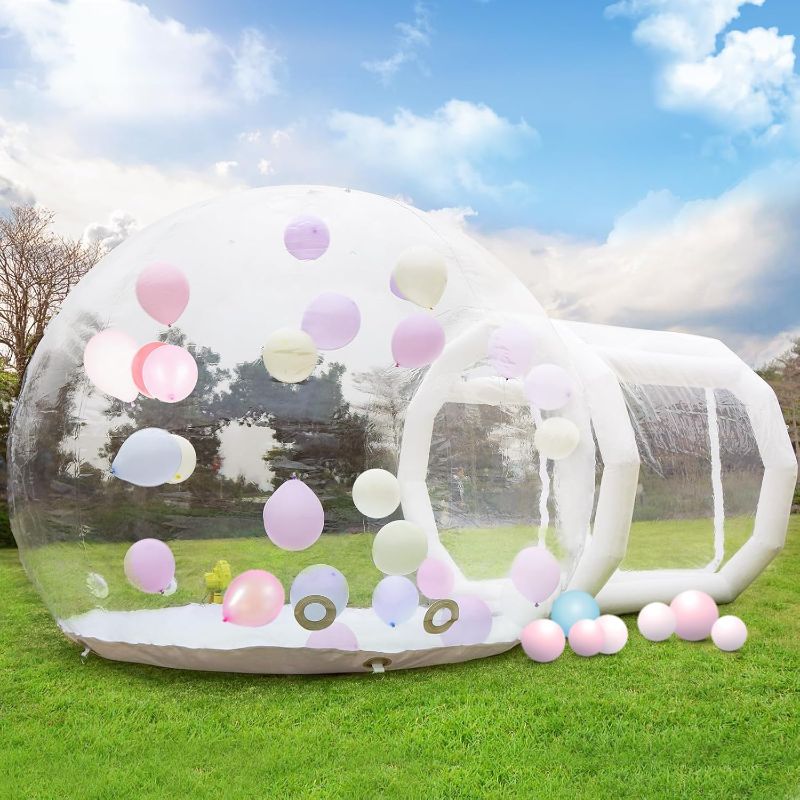 Photo 1 of 10FT Inflatable Bubble House Dome for Kids, Clear PVC Inflatable Bubble House Tent with Tunnel, Bubble Balloon House with 750W Air Blower, 600W Air Pump Inflatable Dome for Party (Clear, 10FT)