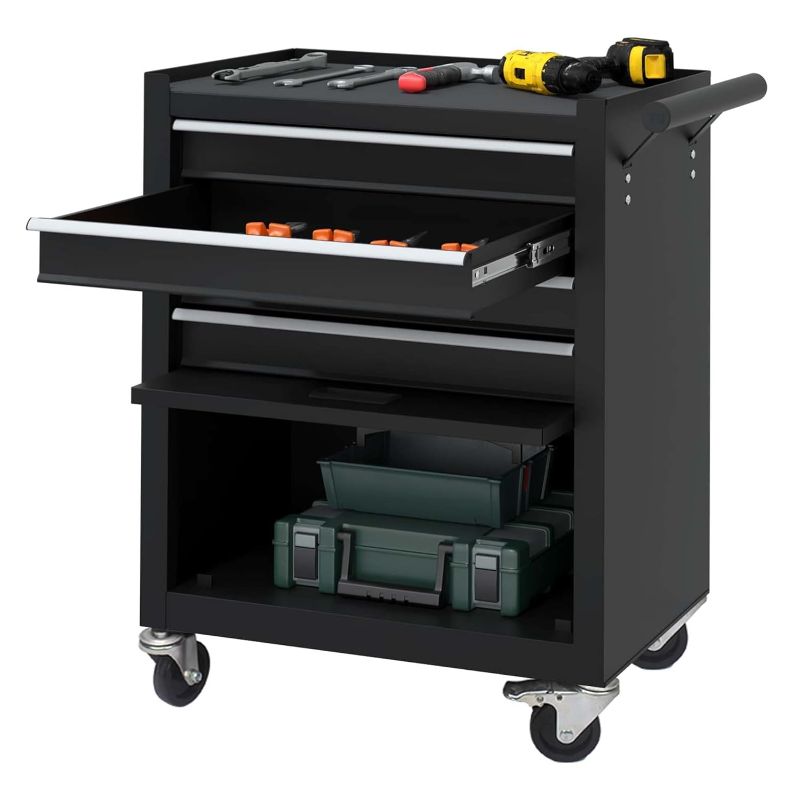 Photo 1 of 24.25" Tool Cabinet, 4-Drawer Rolling Tool Chest, with Key Locking and 4 Wheels, Suitable for Garages, Warehouses, Workshops, Repair Shops, Black