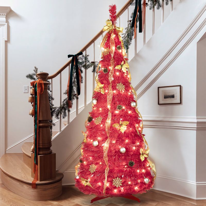 Photo 1 of 6ft Pop Up Christmas Tree Pre Decorated, Bringstar Pull Up Prelit Xmas Tree with 150 Led Lights, Red Artificial Trees