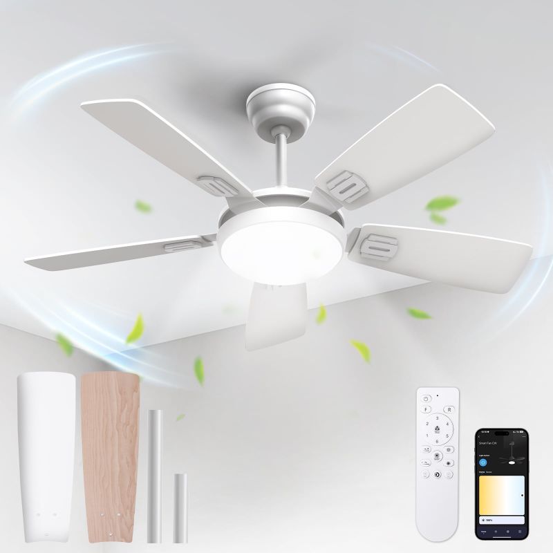 Photo 1 of BLITZWIL Ceiling Fans with Lights and Remote & App Control, 36" Modern Ceiling Fan with 5 Dual-sided Blades, 6-Speeds Noiseless Reversible DC Motor for Farmhouse Bedroom Indoor, White