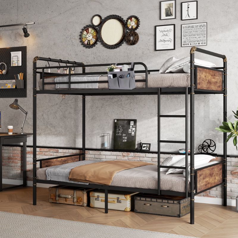 Photo 1 of ****partial set*** Cocosity Metal Twin over Twin Bunk Bed with Storage Bag 2 Convertible Twin Beds , Antique Wood Grain