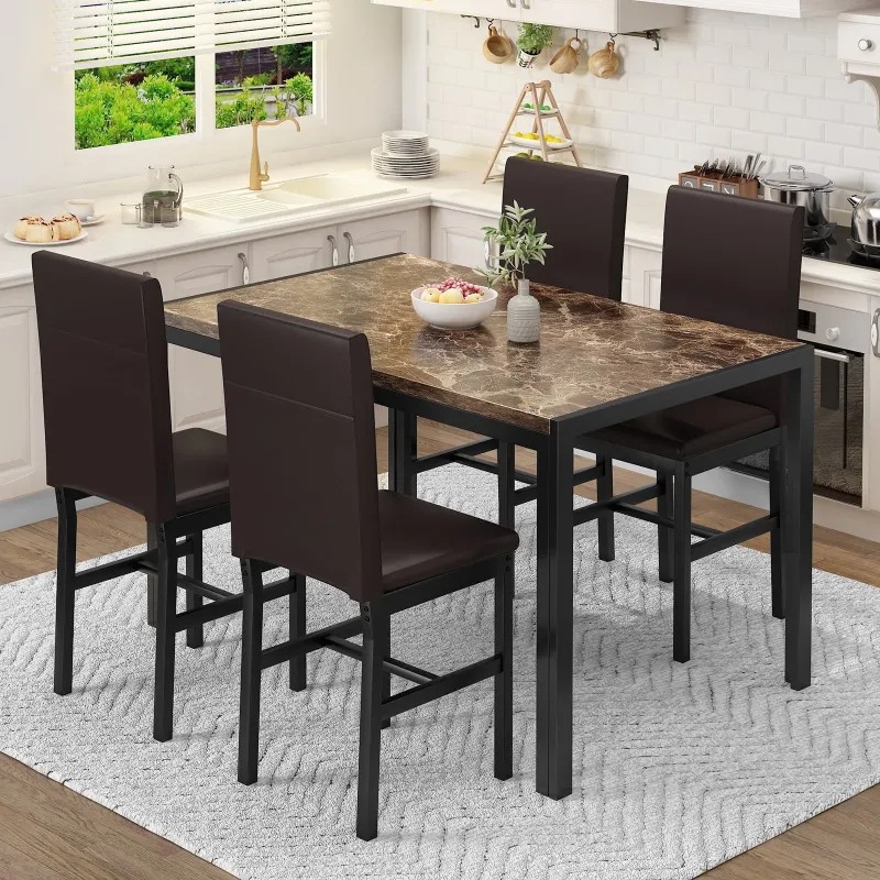 Photo 1 of AWQM Dining table set for 4 with modern faux marble table top and 4 PU leather upholstered chairs, compact space saving dining table for apartment, kitchen, dining room, breakfast corner, brown