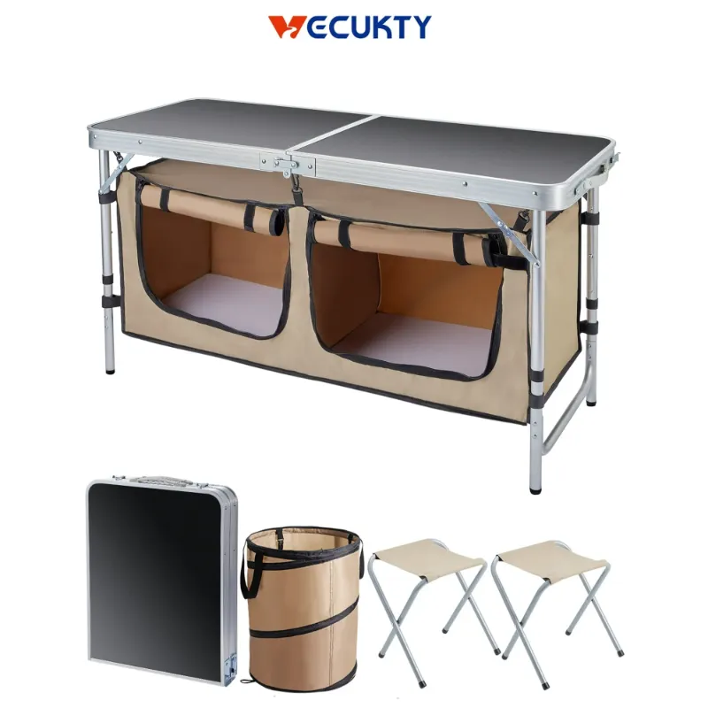 Photo 1 of ****TABLE HAS A DENT ON SIDE****Folding Camping Table Set, VECUKTY Camping Kitchen Station, Aluminum Portable Folding Table Camp Cook Table with Storage Organizer and 2 Adjustable Feet,1 Folding Trash Can, Gray