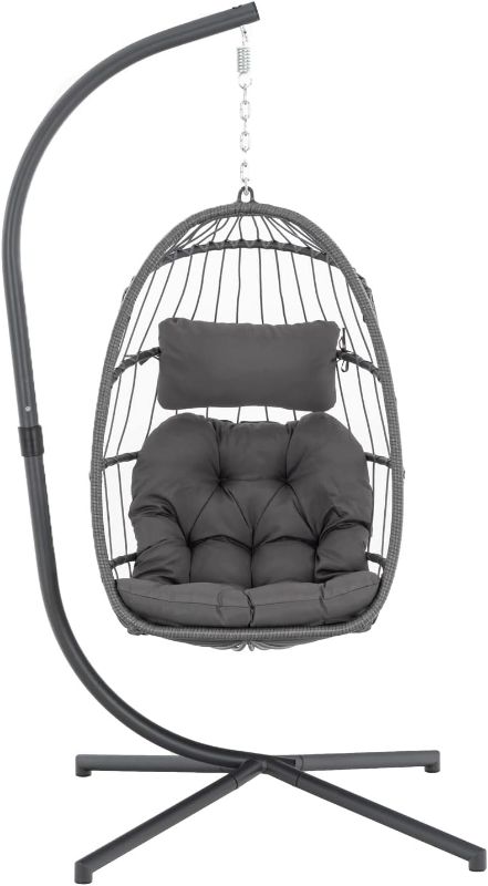 Photo 1 of ***PARTS ONLY, ITEM IS DAMAGED***Indoor Outdoor Egg Hanging Chair with Stand, Patio Wicker Swing Egg Chair Indoor Swinging Chair - cream / biege color