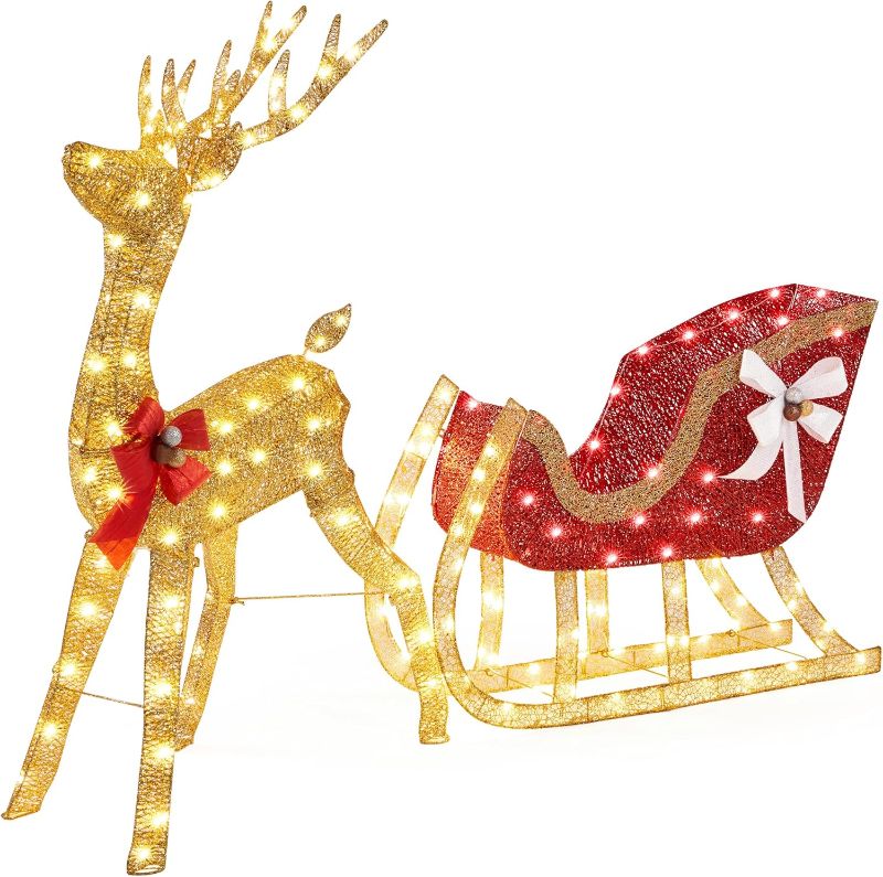 Photo 2 of  Lighted Christmas Reindeer & Santa Sleigh Set