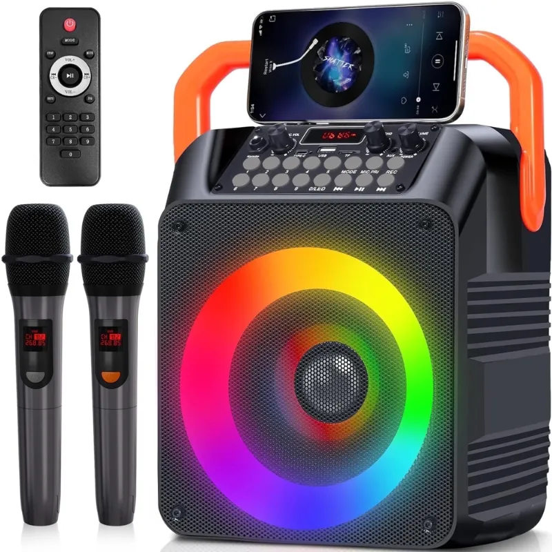 Photo 1 of Aursear Karaoke Machine, Portable Bluetooth Karaoke Speaker with 2 Wireless Microphones, PA System for Adults Kids with LED Lights, Supports FM/AUX/USB/TF for Home Party