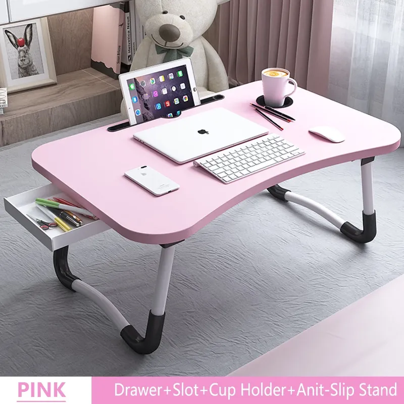 Photo 1 of ****MISSING CUP HOLDER INSERT****PHANCIR Foldable Lap Desk, 23.6 Inch Portable Wood Laptop Desk Table Workspace Organizer Bed Tray with iPad Slots, Cup Holder and Drawer, Anti-Slip for Working Reading Writing, Eating, Watching-Pink