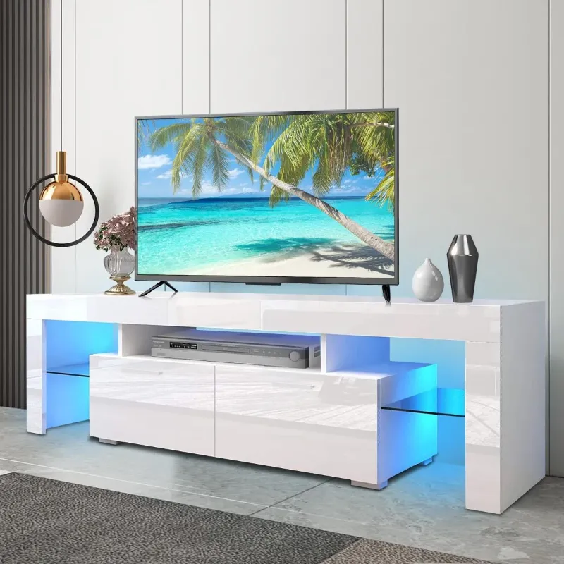 Photo 2 of ***PARTS ONLY****PAPROOS TV Stand for TVs up to 70", High Gloss TV Cabinet with LED Light, Modern TV Console Table with Storage Drawers, Media Television Stand Entertainment Center, White