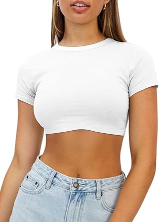 Photo 1 of ***USED***LARGE***Womens Crop Tops Crewneck Y2K Summer T-Shirt Basic Short Sleeve Fitted Knit Ribbed Casual Blouse Cute Tee Shirt