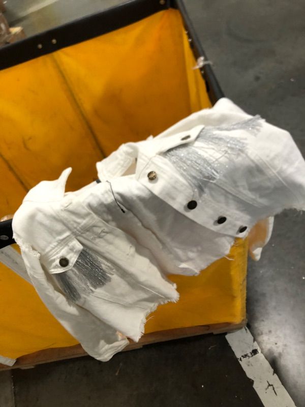 Photo 1 of Women Denim Jacket Casual Long Sleeve Distressed Ripped Cropped Coat Fringe Jean Jacket White M