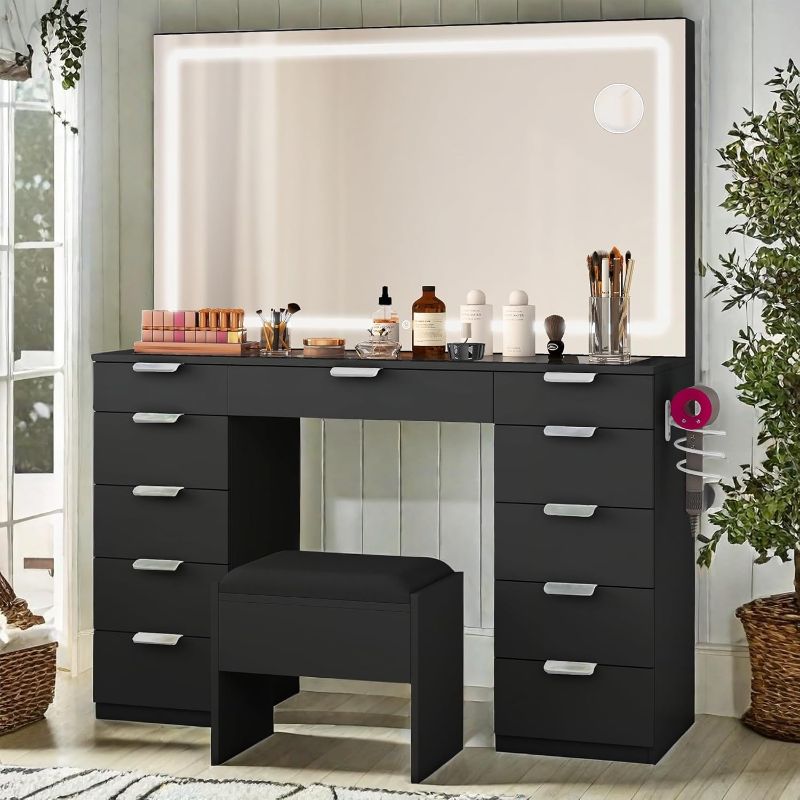 Photo 1 of ***BLACK**DOES NOT HAVE A MANUAL*NO RETURN** Yitahome makeup vanity with large led mirror, charging station, 11 drawers, vanity desk with tempered glass top, storage bench, 3-color adjustable lighting