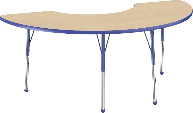 Photo 1 of **ONLY TABLE**Factory Direct Partners 10078-MPBL Half Moon Activity School and Office Table (36" x 72"), Standard Legs with Ball Glides, Adjustable Height 19-30" - Maple Top and Blue Edge