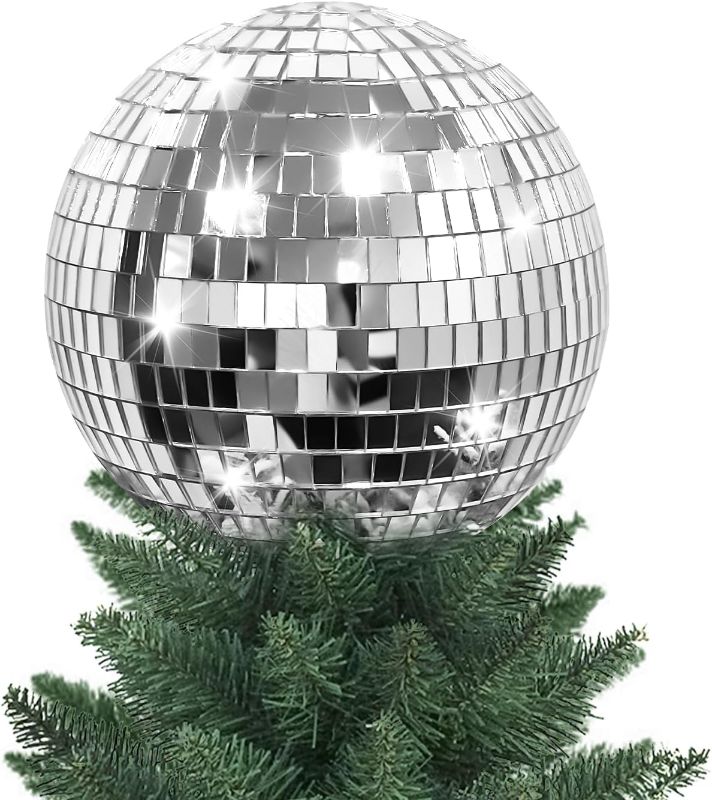 Photo 1 of ***USED***Silver Christmas Tree Topper 8 Inch Mirror Disco Ball Tree Topper, Cool and Fun Disco Ball for Xmas Tree Decorations, Ideal for DJ Club, Party, Wedding and Home Décor