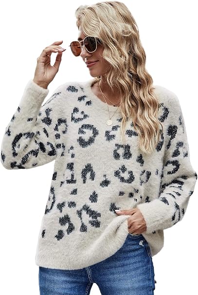 Photo 1 of ***USED***HZSONNE Women's Casual Leopard Crew Neck Loose Fit Sweater Long Sleeve Slouchy Pullover Knitted Fuzzy Jumper Tops XXL
