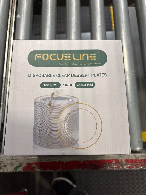Photo 1 of ***USED***FOCUSLINE 100 Count Clear Gold Plastic Plates 7 Inch, Disposable Heavy Duty Clear Plates with Gold Rim, Premium Hard Plastic Plates Fancy Disposable Clear Salad Plates for Wedding Parties