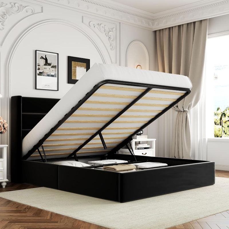 Photo 1 of Allewie Queen Size Velvet Lift Up Storage Bed, Modern Wingback Headboard, Hydraulic Support, No Box Spring Needed, Black
