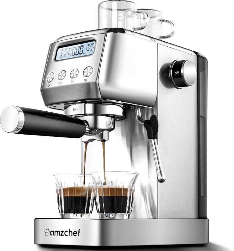 Photo 1 of amzchef Espresso Machines 20 Bar, Espresso Maker with Milk Frother & LCD Panel, Adjustable Temp, Compact Cappuccino Machines for Home and Friends Gifts