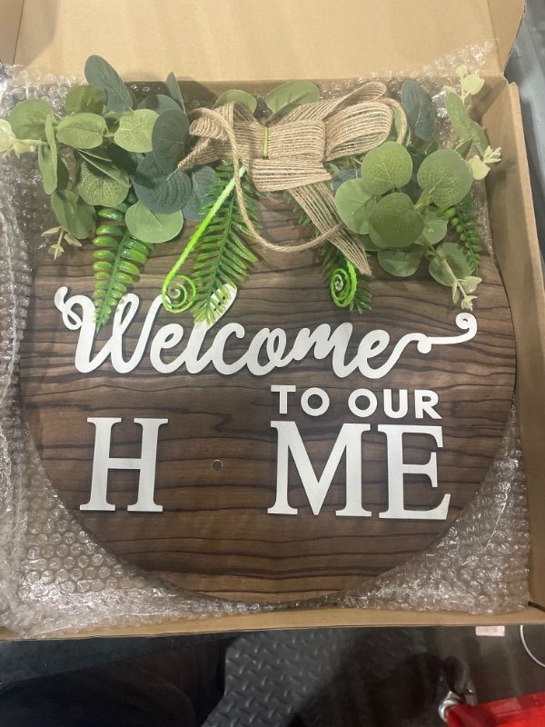 Photo 1 of ***LED LIghts Missing*** Interchangeable Welcome Sign for Front Door with 14 Changeable Icons, Farmhouse Front Porch Decor Rustic Wooden Wall Sign with 12 LED Lights, Outdoor Seasonal Welcome Home Decorations (Black1)