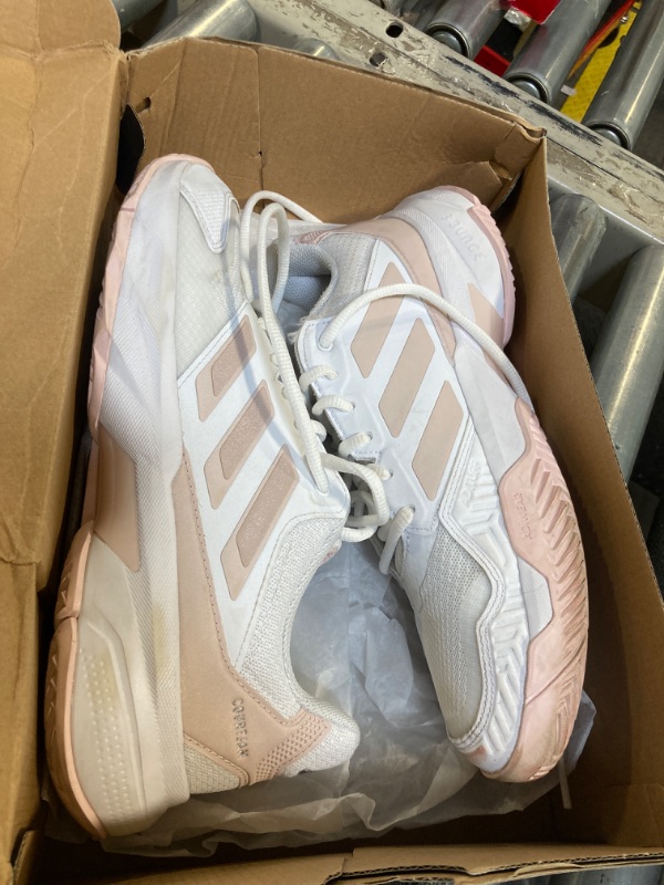 Photo 2 of adidas Women's Courtjam Control 3 Tennis Sneaker, White/Sandy Pink Met./Sandy Pink, 8.5