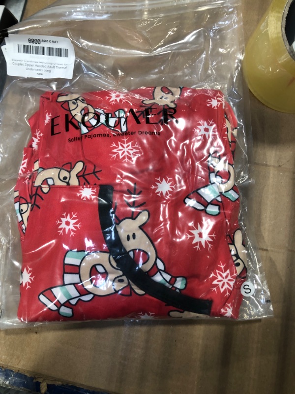 Photo 2 of Ekouaer Christmas Matching Onesie for Couples Zipper One Piece Pajamas Adult Hooded Jumpsuit with Pockets Red Reindee S