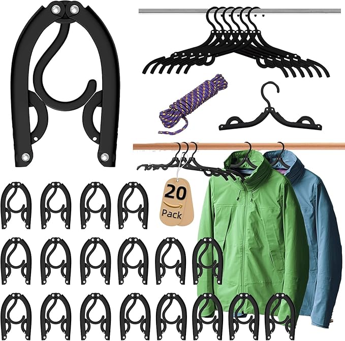 Photo 1 of 20 Pcs Black Travel Hangers Foldable for Suitcase, Portable Folding Clothes Hangers with Clothesline Travel Accessories, Cruise Ship Essentials Portable Foldable Hangers Drying Rack for Travel