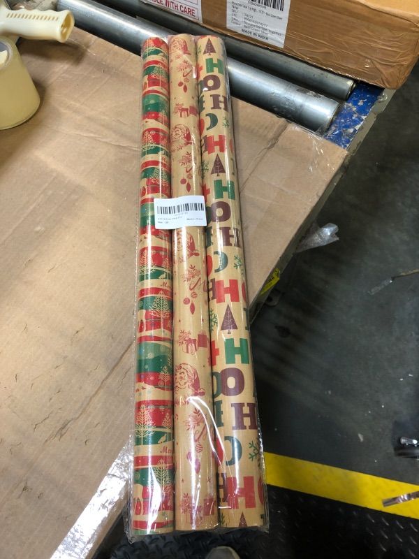 Photo 2 of AhfuLife Jumbo Christmas Wrapping Paper 3 Rolls - 23.6 × 255 Inch Per Roll, Long Recyclable Green Red Santa Kraft Xmas Wrapping Paper for Christmas Gift Box Birthday Party Decoration-125.4 sq. ft. ttl