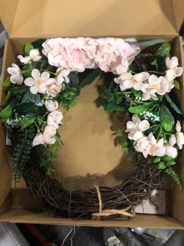 Photo 1 of 12 Inch Spring Wreath for Front Door, Half Wreath with Pink Peony & Various Leaves, Farmhouse Wreath All Seasons Year Round, Flower Wreath for Wedding Home Wall Decor