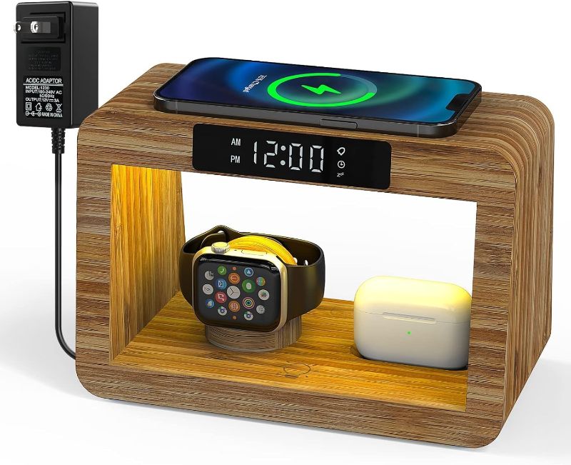 Photo 1 of ***Stock photo is a similar item***Wireless Charging Station with Clock, Desk Lamp 15W Fast Wireless Charger Night Light with 3 Color, Bamboo Wireless Charging Station Dock for iPhone/AirPod/iWatch, Gifts for Women Men
