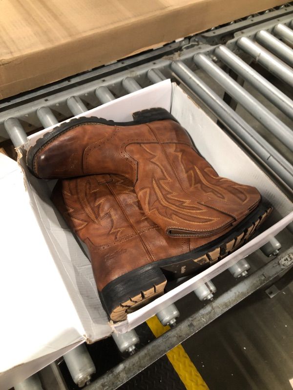 Photo 1 of ***used item*** Rollda Cowboy Boots for Men Western Boots Men's Square Toe Chunky Heel Mid-Calf Boots Classic Embroidered Pull On Tabs Brown Size 11