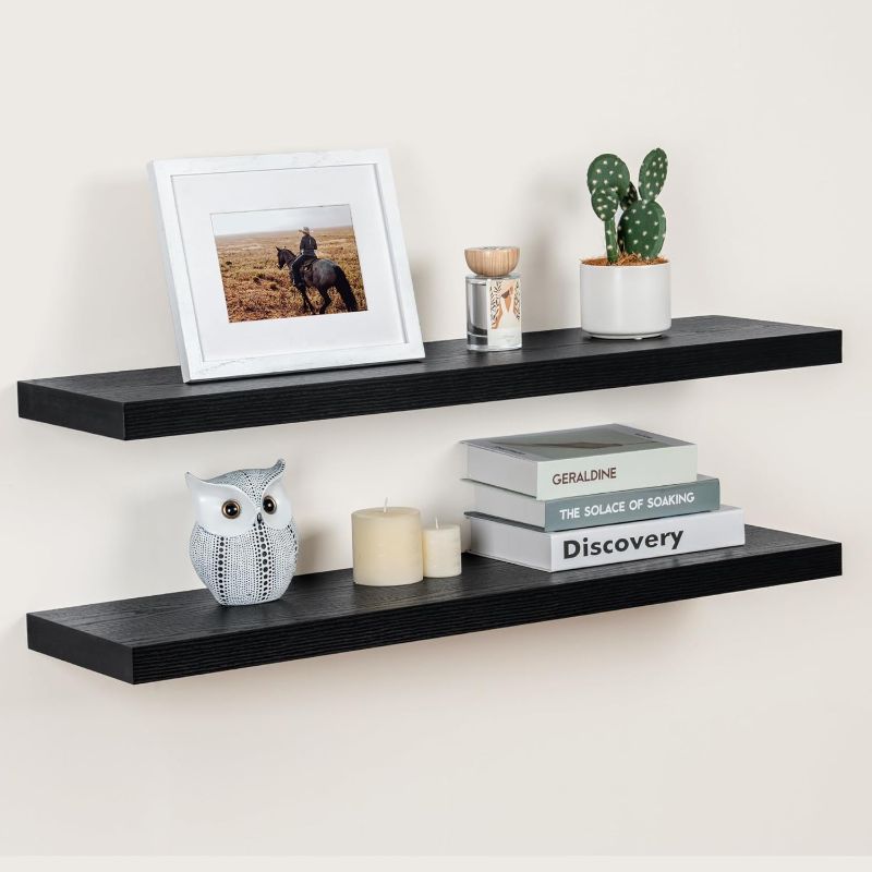 Photo 1 of ***USED***2 Packs Floating Shelves for Wall Storage Nursery Book Display Trinket Trophy Decorative Display Lack Living Room Bedroom Girl Dorm Decor Cute Mounted Shelf Wood Black Thin Hanging Bookshelf 24 Inch