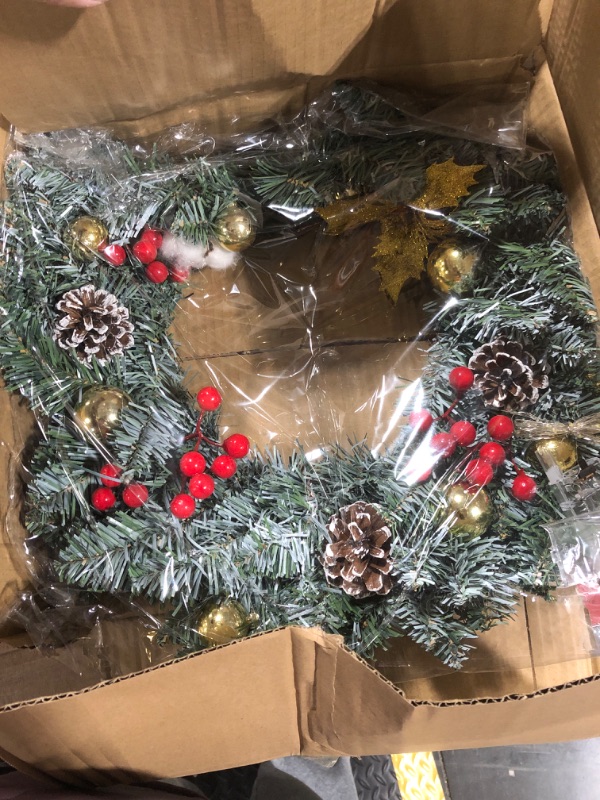 Photo 2 of 18in Christmas Wreath for Front Door, Pre-lit Artificial Wreath with 40 LEDs Lights, Christmas Balls, Pine Cone, Red Berry and Gold Flowers, A Better Festive Atmosphere for Christmas