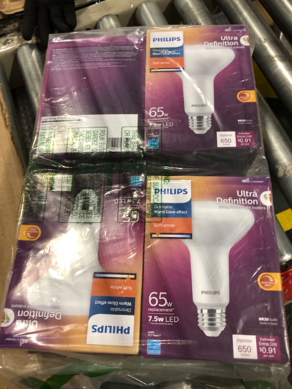 Photo 1 of ***USED***PHILIPS LED Flicker-Free Frosted Dimmable BR30 Light Bulb - EyeComfort Technology - 650 Lumen - Soft White (2200K) - 7.5W=65W - E26 Base - Title 20 Certified - Ultra Definition - Indoor - 4-Pack