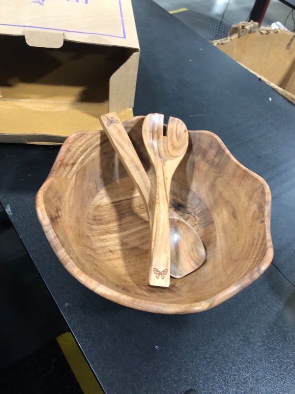 Photo 3 of ***Missing the two smaller bowls*** Melvvi 1 Wooden Large Salad Bowl & 2 Multipurpose Bowls with 2 Servers (Set of 5) | One 12" & Two 6 inch Wide Acacia Wood bowls | Mixing & Serving | Thanksgiving & Christmas Gifts (5)