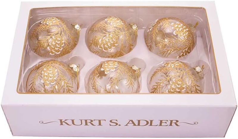 Photo 2 of **similar item**  Kurt S. Adler 80MM Clear with Gold Pinecones Glass Ball, 6-Piece Boxed Ornament Set, Multi, 6 Count,Christmas