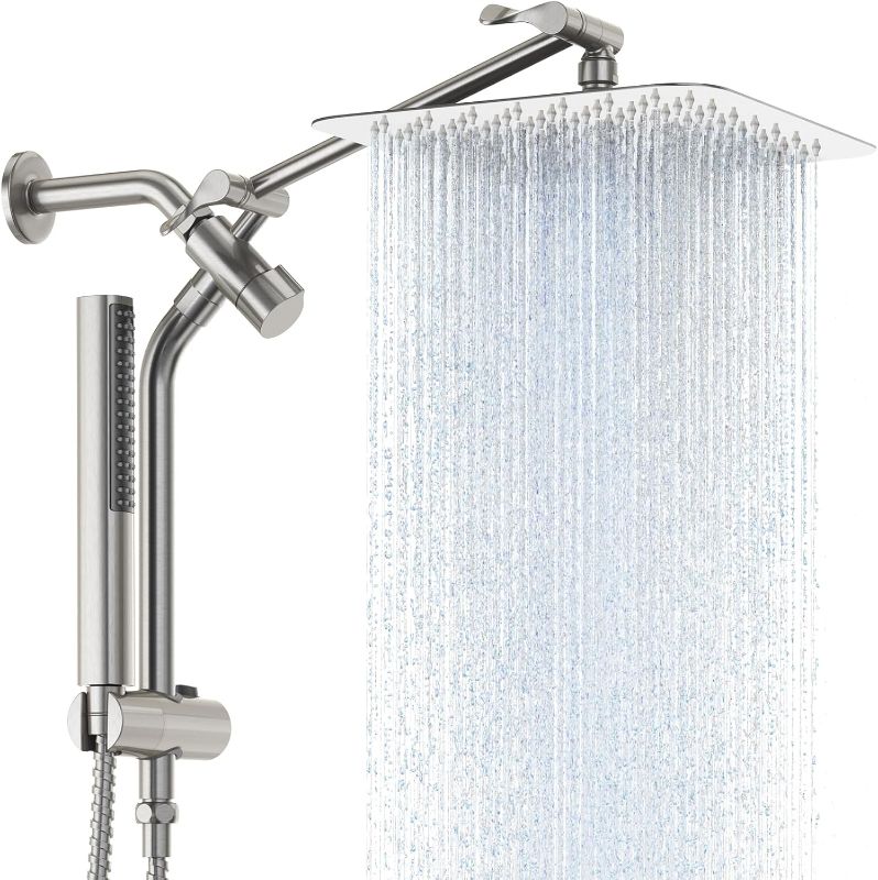 Photo 1 of *MISSING HOSE WAND* Veken 10" All Metal Shower Heads with Handheld Spray Combo&Power Wash, High Pressure Rectangle Rain Shower Head with Wand&Extension Arm, Wide Adjustable Rainfall Showerhead with Slide Bar nickel chrome 