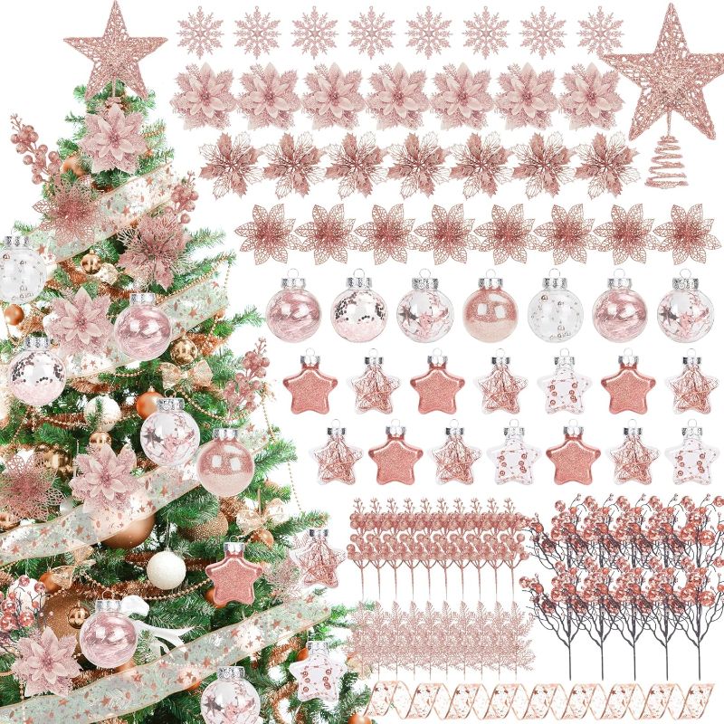 Photo 2 of **similar item**Poen 108 Pcs Christmas Tree Ornament Set Including Xmas Tree Ball Glitter Poinsettia Bows Berries Stems Leaves Snowflakes Ribbon Lights for Christmas Decoration (Rose Gold)