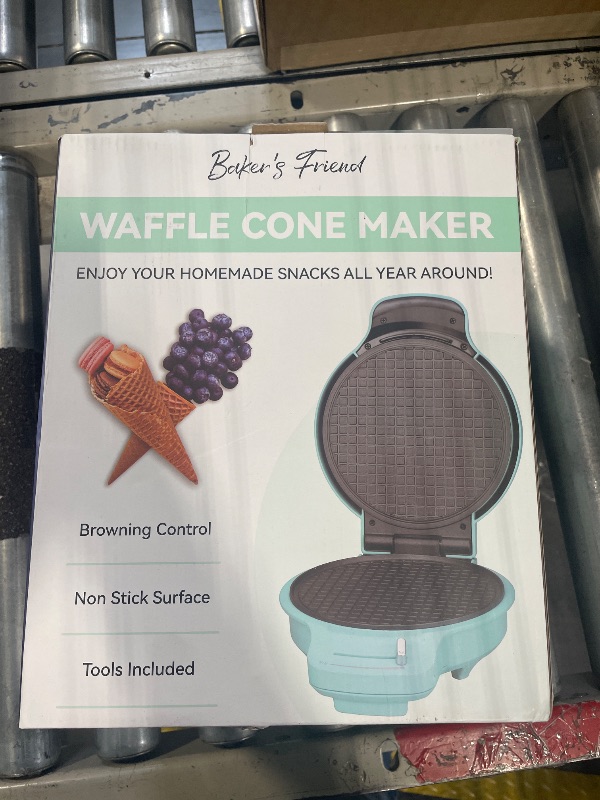 Photo 2 of Baker's Friend Waffle Cone Maker Machine with Browning Control, Nonstick Waffle Bowl Maker, 7.5” Ice Cream Cone Maker, Thin Waffle Maker Crispy, Cone Roller & Bowl Press Included, Aqua