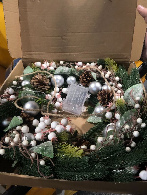 Photo 1 of ***USED***MACTING Christmas Wreath with Lights, 20 Inch Pre Lit Winter Wreath for Front Door, Artificial Door Wreath with Berries Pine Cones Pine Needles 8 Lighting Modes Timer for Fireplace Window Xmas Decor